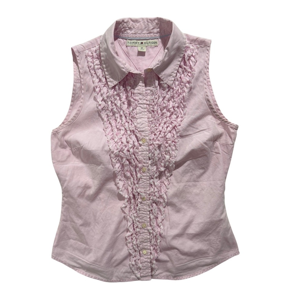 Tommy Hilfiger Sleeveless Blouse Pink Ruffle Front Button Down Women Medium Y2K